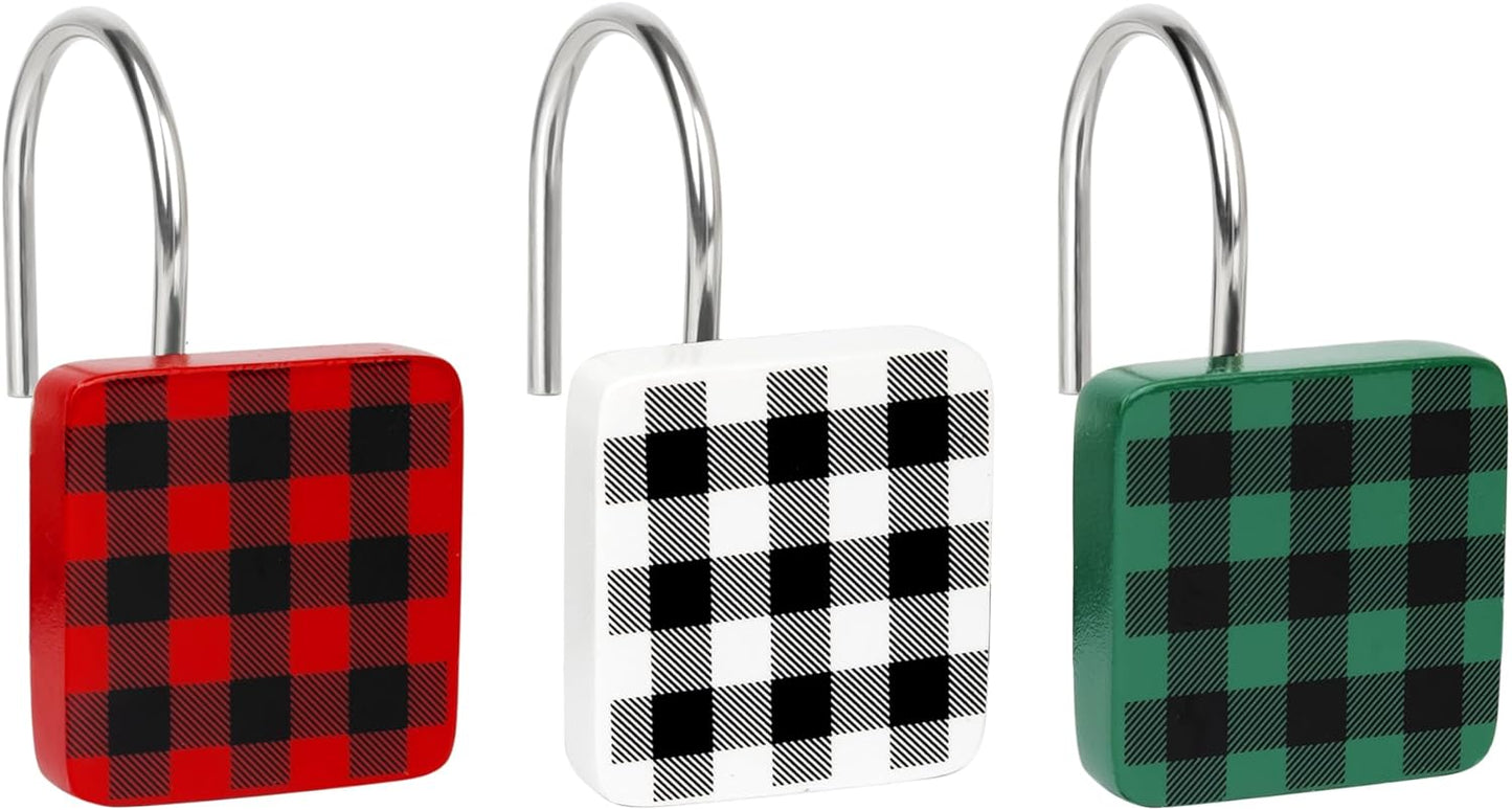 Christmas Decorative Shower Curtain Hooks, Plaid Buffalo Check Shower Curtain Rings, Xmas Classic Decor for Bathroom Home, Round Shower Curtain Hangers, Set of 12, White Black Red Green