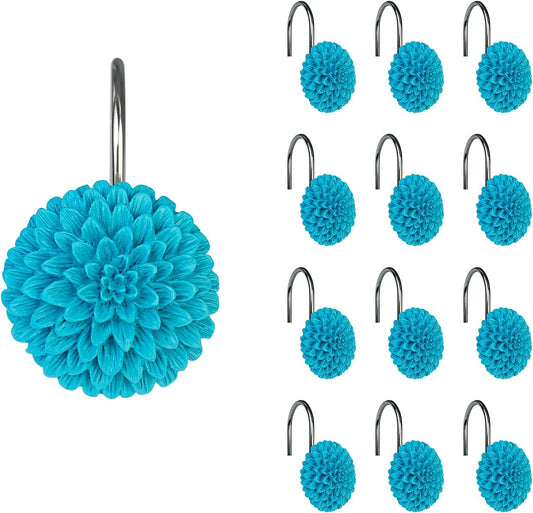 Sunlit Decorative Floral Shower Curtain Hooks, Turquoise Dahlia Pinnata Flower Shower Curtain Rings, Resin, Bathroom Decoration Blue Shower Curtain Hooks-12 Pack