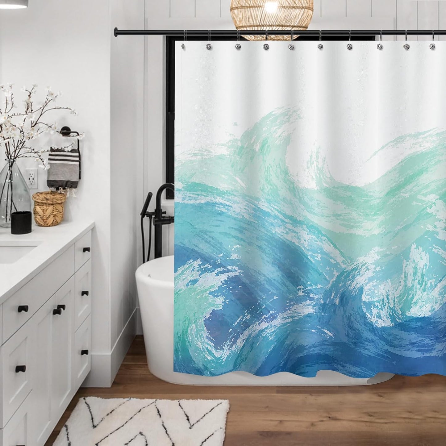 Wave Shower Curtain, Ombre Blue and Green Ocean Theme Shower Curtain for Bathroom Modern Decor Waterproof Tapestry, 71x71 Inch