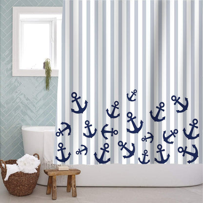 Sunlit Nautical Fabric Shower Curtain, Navy Blue Anchor with Gray Stripes Shower Curtains, Nautical Ocean Bathroom Decoration Curtains