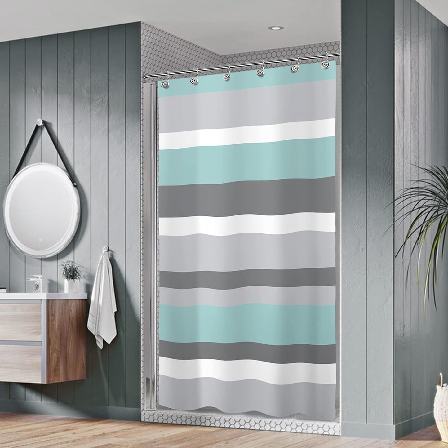 Sunlit Aqua Blue Gray Horizontal Stripes Water-Repellent Fabric Shower Curtain with Reinforced Metal Grommets Refreshing Striped Design Bathroom Decor