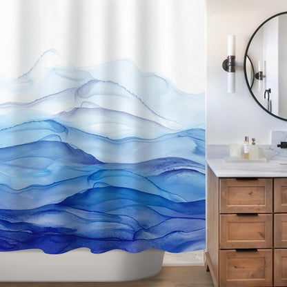 Ombre Blue Watercolor Textured Slubbed Fabric Shower Curtain, Abstract Ocean Wave Shower Curtains for Bathroom Decoration, 71x71