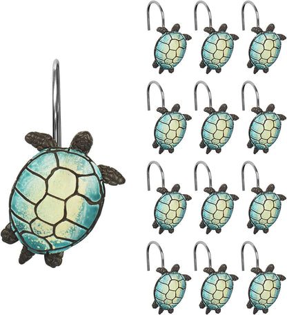 Sunlit Sea Turtle Shower Curtain Hooks, Home Decorative Shower Curtain Rings for Bathroom, Resin, Ocean Shower Curtain Hanger Hooks for Kid Room Living Room, Set of 12