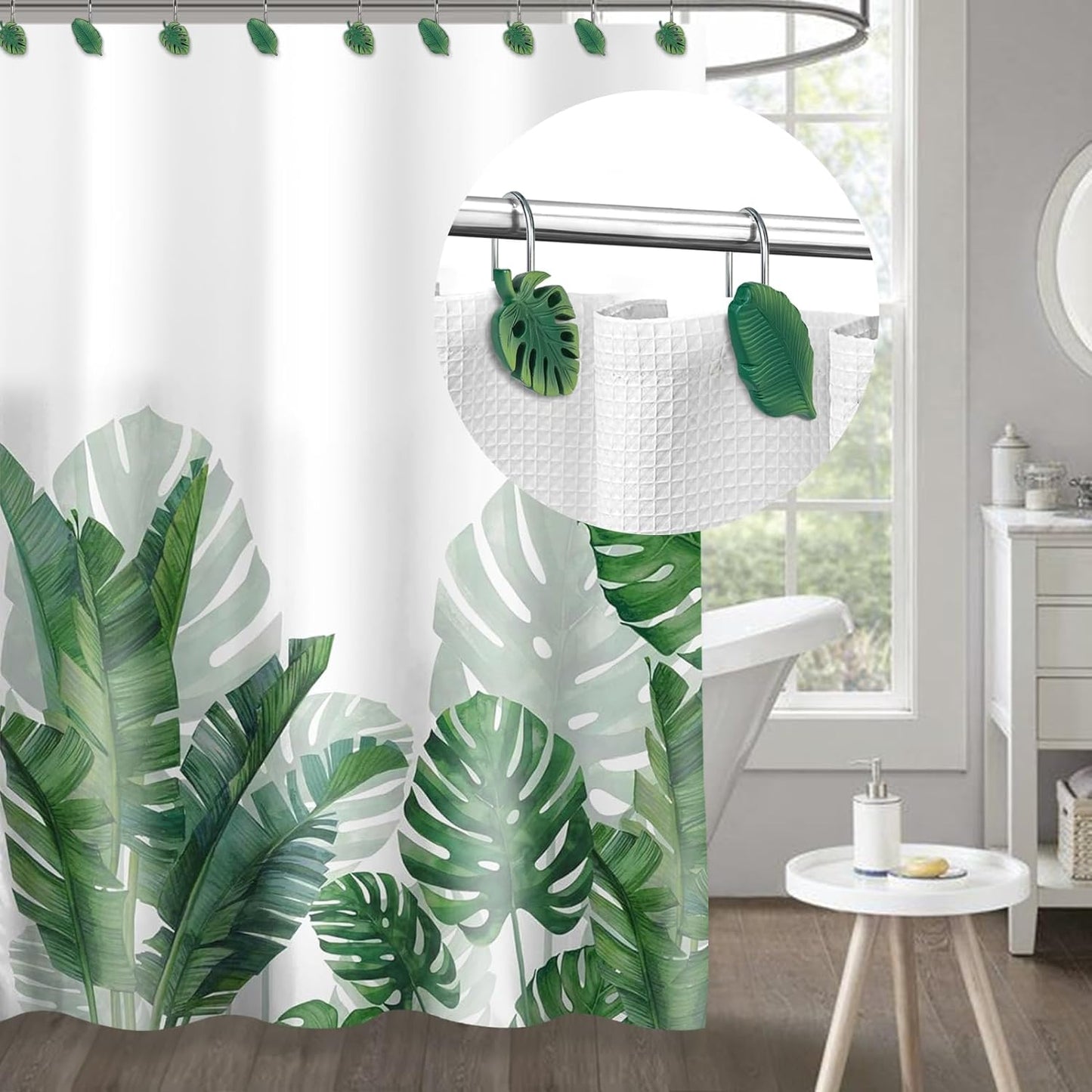 Tropical Leaf Decorative Shower Curtain Hooks Green Botanical Shower Curtain Rings, Resin, Monstera Deliciosa Strelitzia Reginae Leaves Shower Curtain Hangers for Bathroom, Set of 12