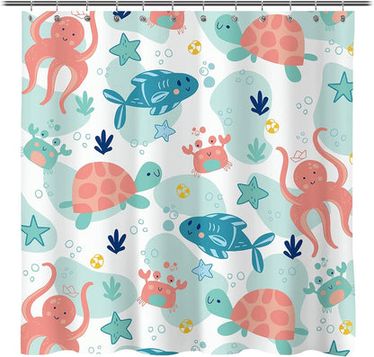 Sunlit Lovely Cartoon Pastel Colors Aquarium Baby Shower Curtain, Ocean Creatures Light Blue Fabric Shower Curtain for Kids, Turtle Dolphins and Fishes Coral Bathroom Decor Curtain for Children