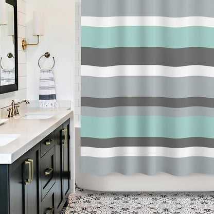 Sunlit Aqua Blue Gray Horizontal Stripes Water-Repellent Fabric Shower Curtain with Reinforced Metal Grommets Refreshing Striped Design Bathroom Decor