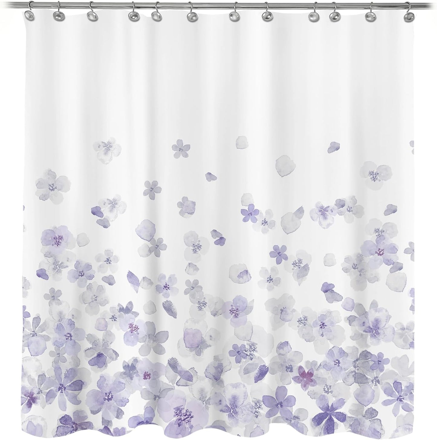 Sunlit Design Simple Style Blue and Gray Flower Blossoms Fabric Shower Curtains for Bathroom Decor with White Background, Machine Washable