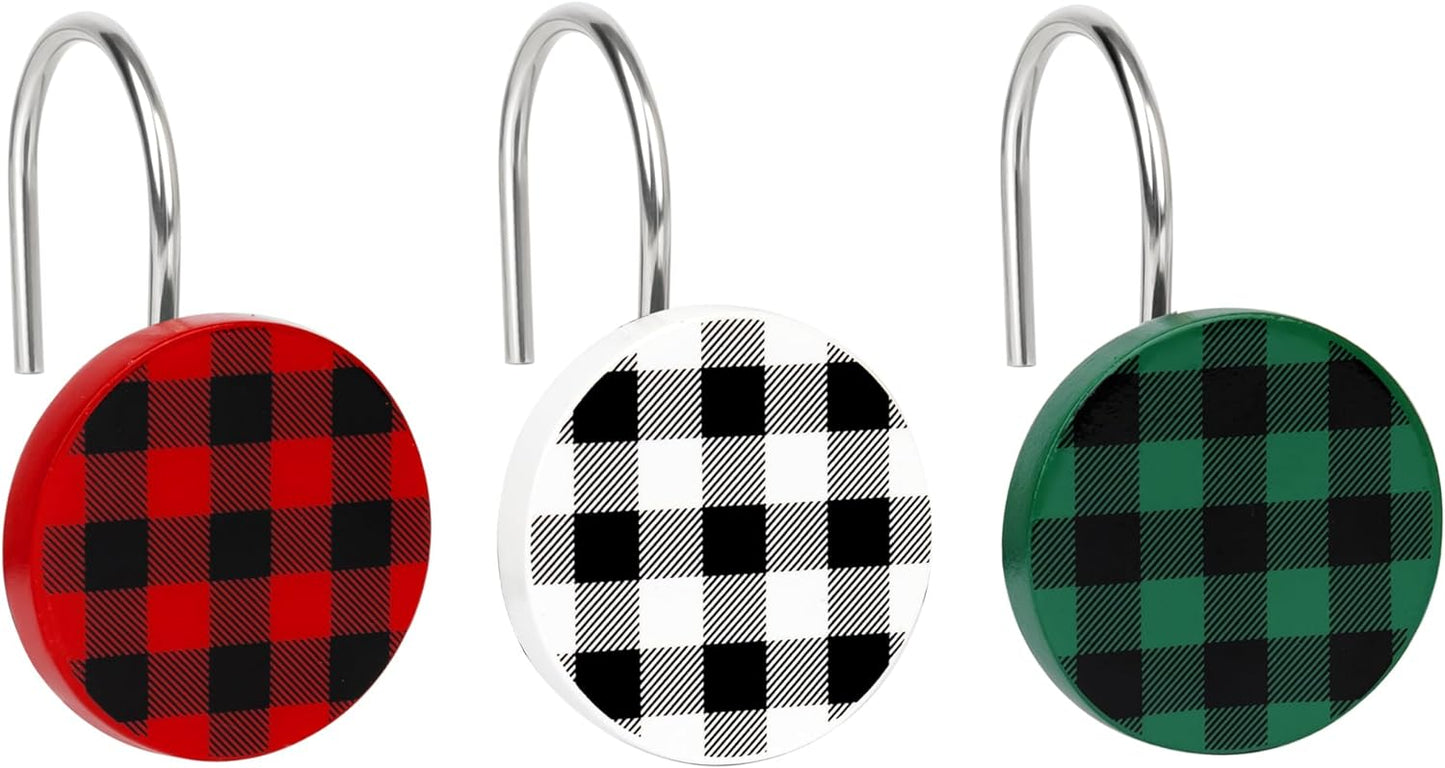 Christmas Decorative Shower Curtain Hooks, Plaid Buffalo Check Shower Curtain Rings, Xmas Classic Decor for Bathroom Home, Round Shower Curtain Hangers, Set of 12, White Black Red Green