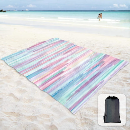 Sunlit Silky Soft 106"x81" Sand Proof Beach Blanket Sand Proof Mat with Corner Pockets and Mesh Bag for Beach Party, Travel, Camping and Outdoor Music Festival, Ombre Blue Yellow Pink Rainbow