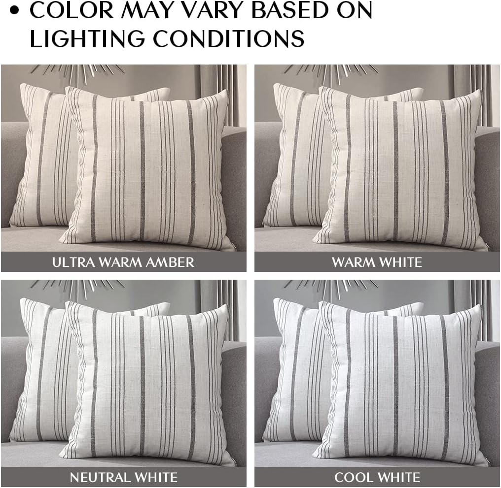 Sunlit Decorative Farmhouse Throw Pillow Case, Cover Only, Set of 2 Cream/Off-White with Charcoal Stripes Square Pillow Cover, 18" x 18", Textured Linen Throw Cushion Covers