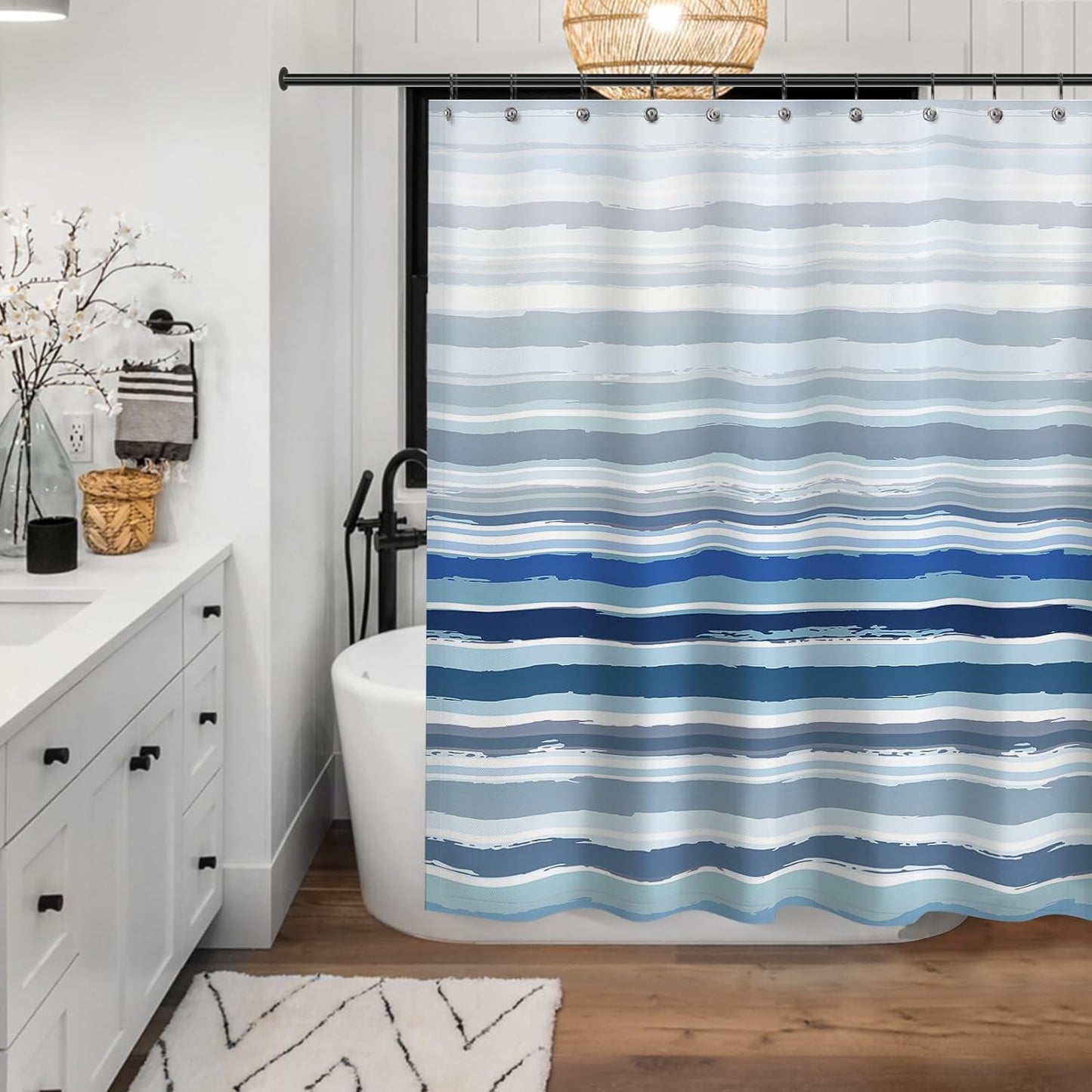 Ombre Blue Textured Slubbed Fabric Shower Curtain, Blue and White Stripe Shower Curtains for Bathroom Decoration, Wave Striped Bathroom Curtains, 71x71