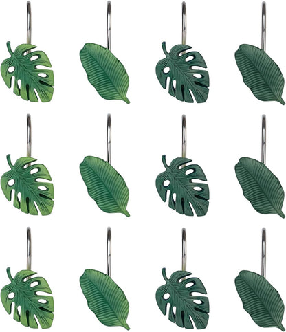 Tropical Leaf Decorative Shower Curtain Hooks Green Botanical Shower Curtain Rings, Resin, Monstera Deliciosa Strelitzia Reginae Leaves Shower Curtain Hangers for Bathroom, Set of 12