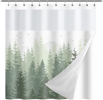 Forest Shower Curtain with snap-in Fabric Liner, Gray Mountain Nature Tree Shower Curtains with Mesh Top Window for Bathroom Decor, Contemporary Bathroom Curtains, See Through Sheer Window, 71x71