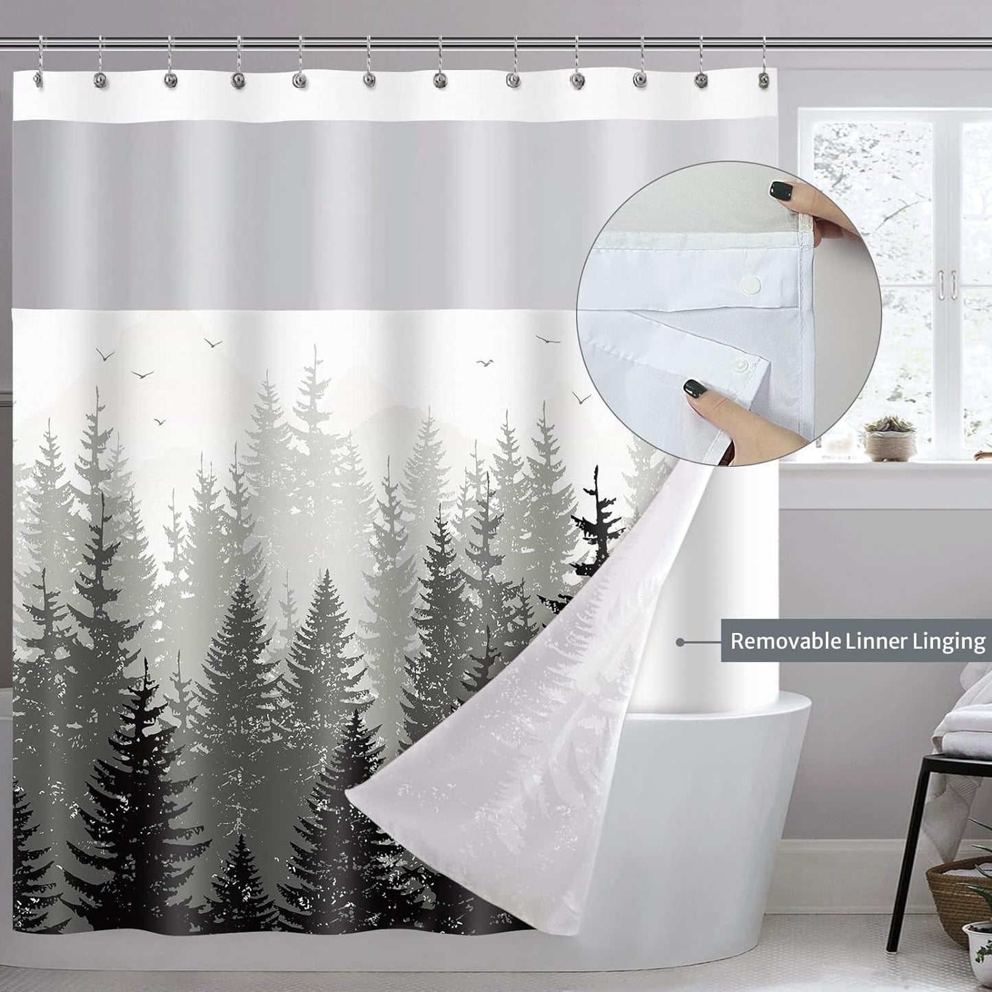 Forest Shower Curtain with snap-in Fabric Liner, Gray Mountain Nature Tree Shower Curtains with Mesh Top Window for Bathroom Decor, Contemporary Bathroom Curtains, See Through Sheer Window, 71x71