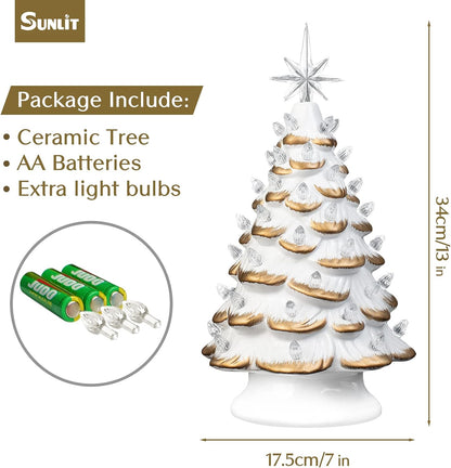 Cordless Lighted Ceramic Christmas Tree Vintage Tabletop Christmas Decoration Pre-Lit Colorful Mini Light Bulbs 13'' Traditional Green AA Battery Operated LED