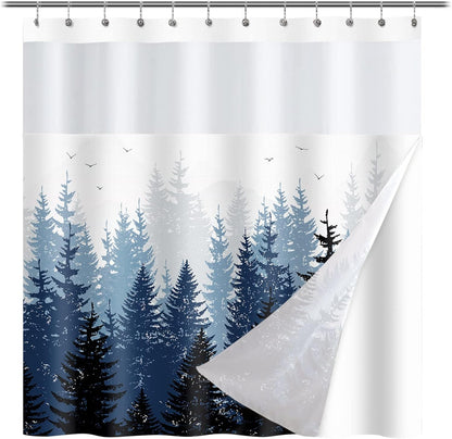 Forest Shower Curtain with snap-in Fabric Liner, Gray Mountain Nature Tree Shower Curtains with Mesh Top Window for Bathroom Decor, Contemporary Bathroom Curtains, See Through Sheer Window, 71x71