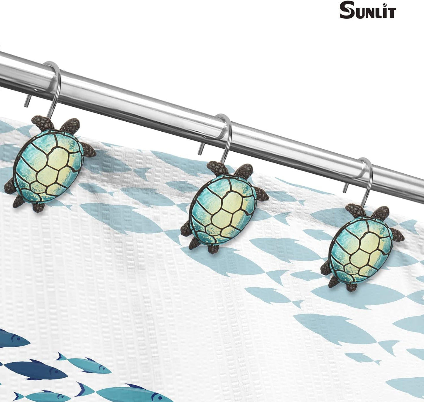 Sunlit Sea Turtle Shower Curtain Hooks, Home Decorative Shower Curtain Rings for Bathroom, Resin, Ocean Shower Curtain Hanger Hooks for Kid Room Living Room, Set of 12