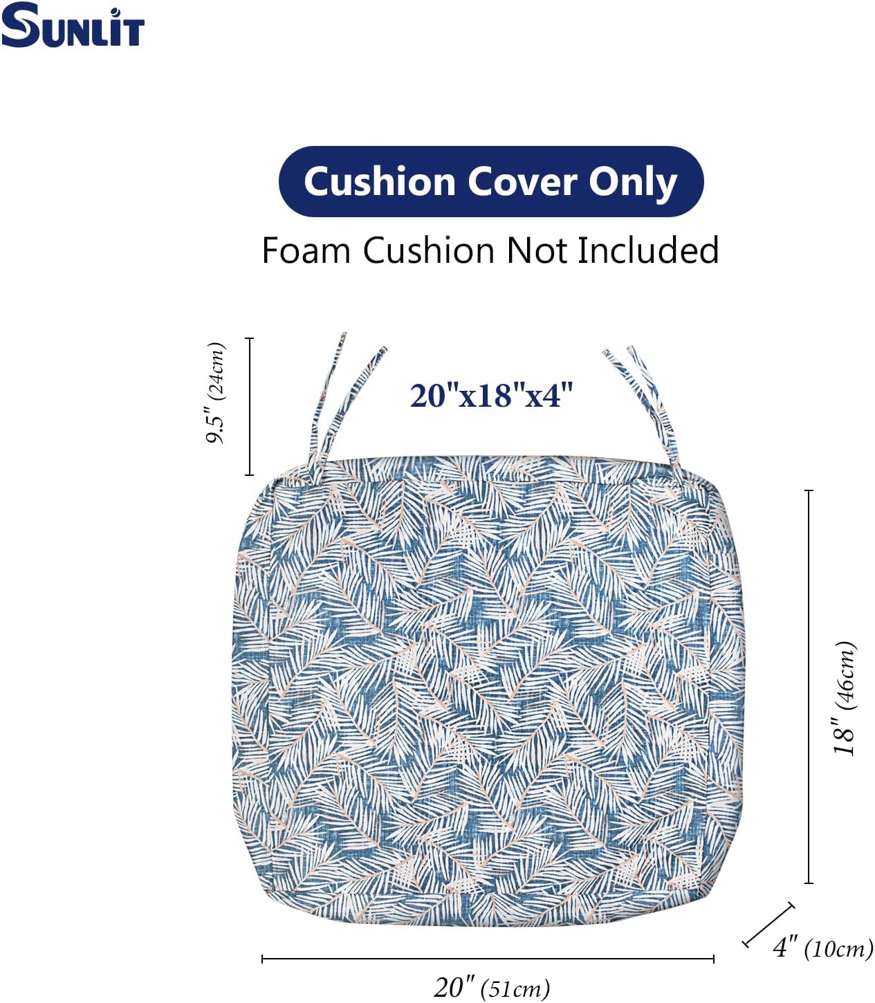 Sunlit Outdoor Cushion Covers, Replacement Cover Only, 4 Pack Water-Repellent Patio Chair Seat Slipcovers with Zipper and Tie, 22" x 20" x 4", Stripe, Navy Blue White