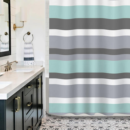 Sunlit Aqua Blue Gray Horizontal Stripes Water-Repellent Fabric Shower Curtain with Reinforced Metal Grommets Refreshing Striped Design Bathroom Decor