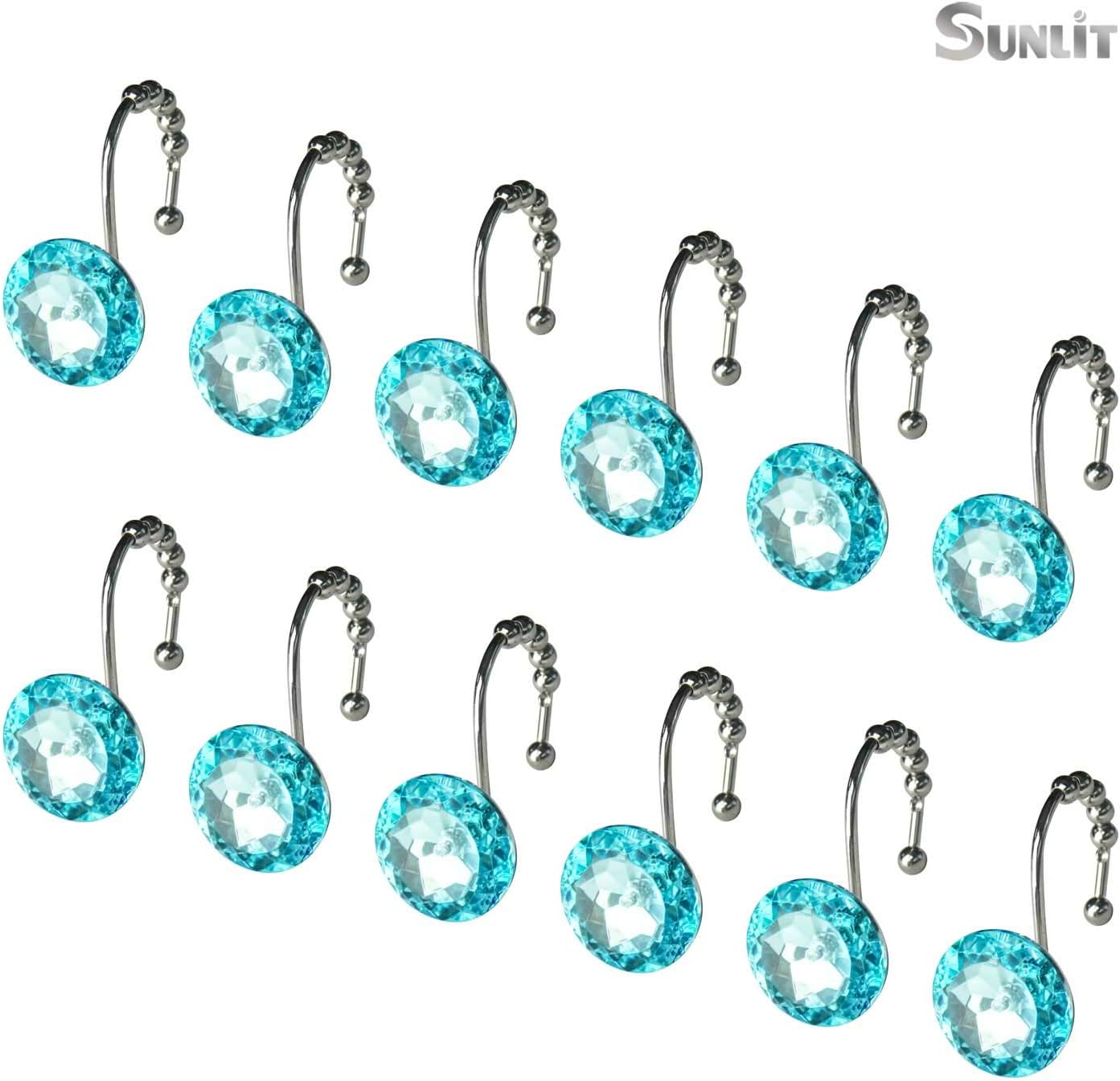 Sunlit Luxury Design Round Teal Blue Diamond Crystal Gem Bling with Glide Balls Shower Curtain Hooks for Mermaid Shower Curtains, Rust Proof Metal Rhinestones Glam Shower Curtain Rings-12 Pack