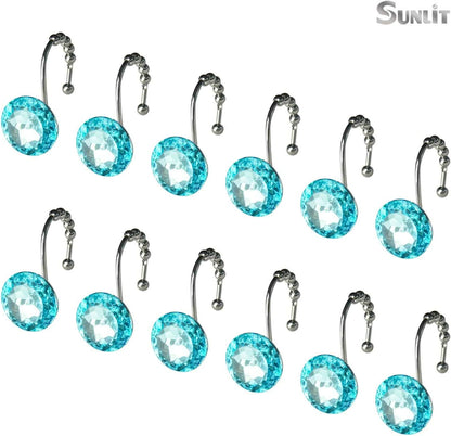 Sunlit Luxury Design Round Teal Blue Diamond Crystal Gem Bling with Glide Balls Shower Curtain Hooks for Mermaid Shower Curtains, Rust Proof Metal Rhinestones Glam Shower Curtain Rings-12 Pack