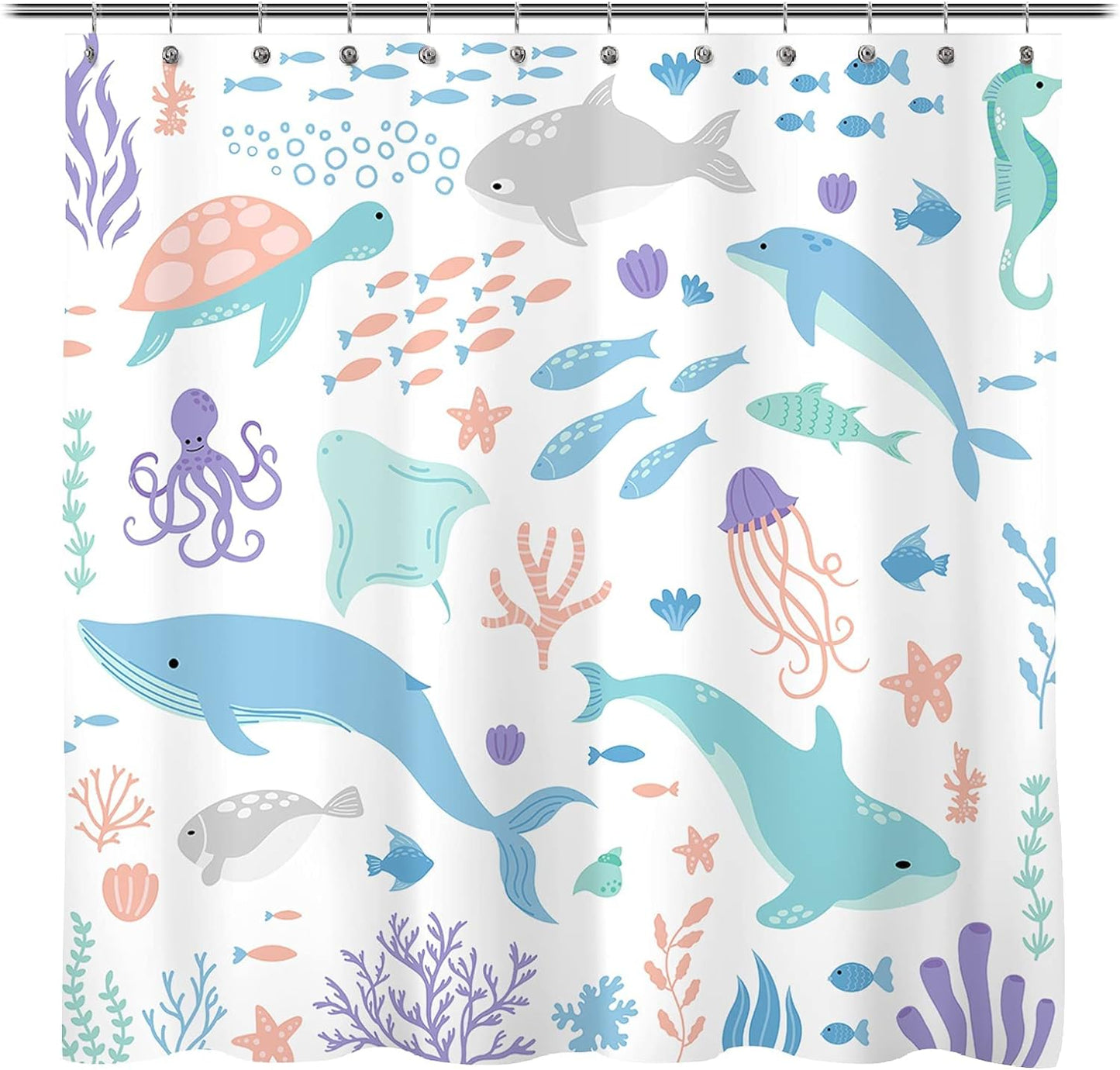 Sunlit Lovely Cartoon Pastel Colors Aquarium Baby Shower Curtain, Ocean Creatures Light Blue Fabric Shower Curtain for Kids, Turtle Dolphins and Fishes Coral Bathroom Decor Curtain for Children