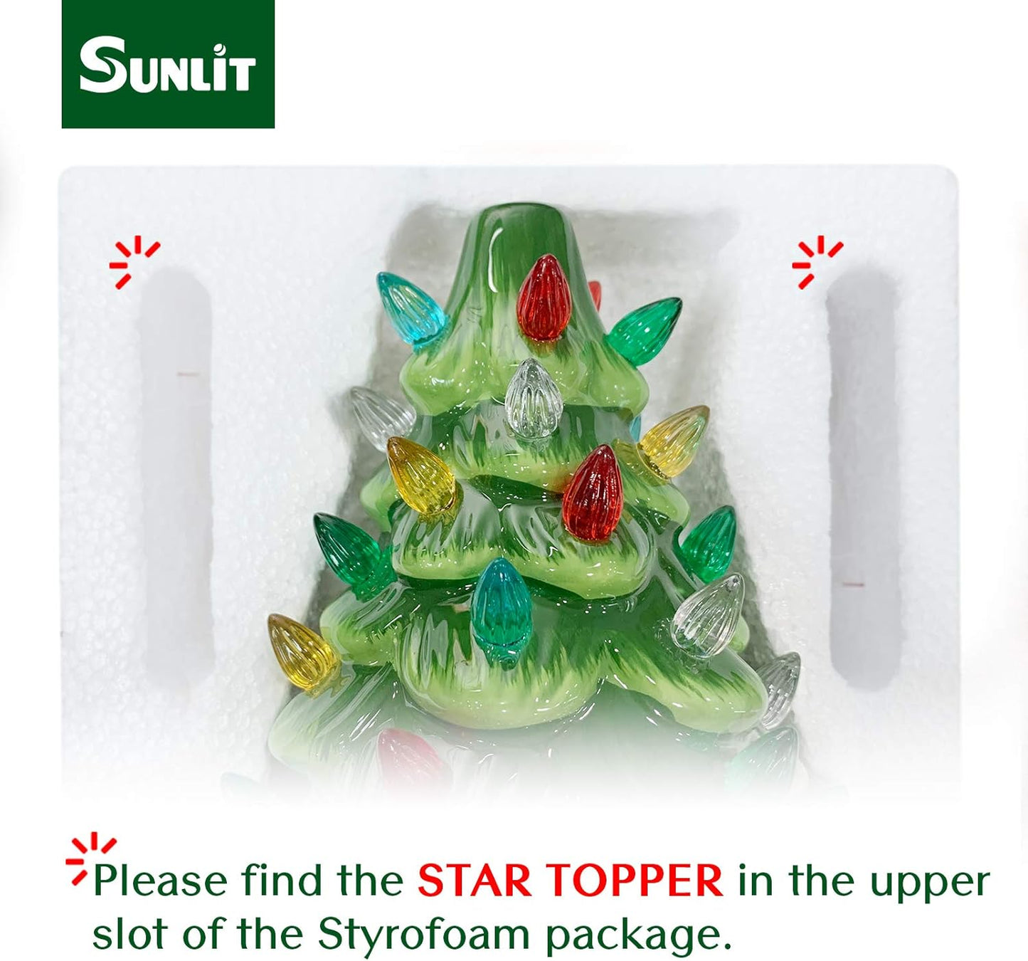 Cordless Lighted Ceramic Christmas Tree Vintage Tabletop Christmas Decoration Pre-Lit Colorful Mini Light Bulbs 13'' Traditional Green AA Battery Operated LED