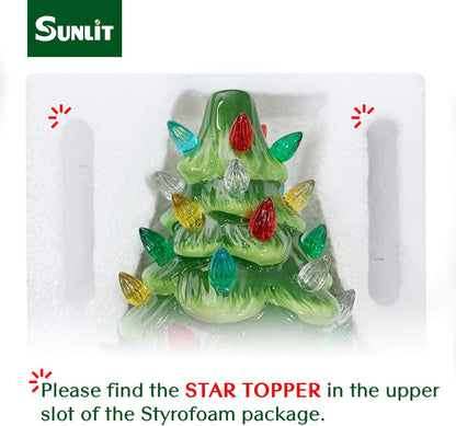 Cordless Lighted Ceramic Christmas Tree Vintage Tabletop Christmas Decoration Pre-Lit Colorful Mini Light Bulbs 13'' Traditional Green AA Battery Operated LED