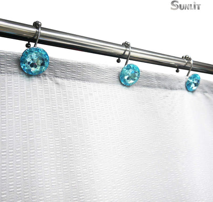 Sunlit Luxury Design Round Teal Blue Diamond Crystal Gem Bling with Glide Balls Shower Curtain Hooks for Mermaid Shower Curtains, Rust Proof Metal Rhinestones Glam Shower Curtain Rings-12 Pack