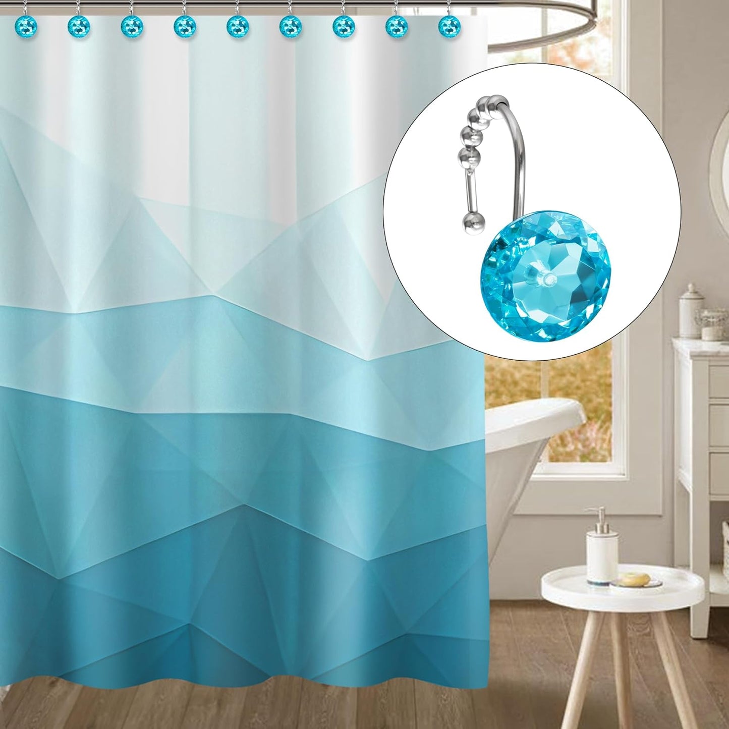 Sunlit Luxury Design Round Teal Blue Diamond Crystal Gem Bling with Glide Balls Shower Curtain Hooks for Mermaid Shower Curtains, Rust Proof Metal Rhinestones Glam Shower Curtain Rings-12 Pack