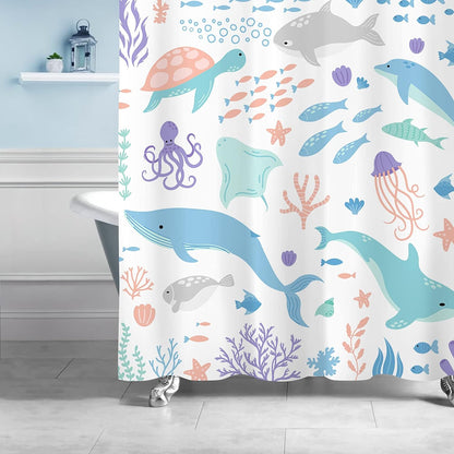 Sunlit Lovely Cartoon Pastel Colors Aquarium Baby Shower Curtain, Ocean Creatures Light Blue Fabric Shower Curtain for Kids, Turtle Dolphins and Fishes Coral Bathroom Decor Curtain for Children