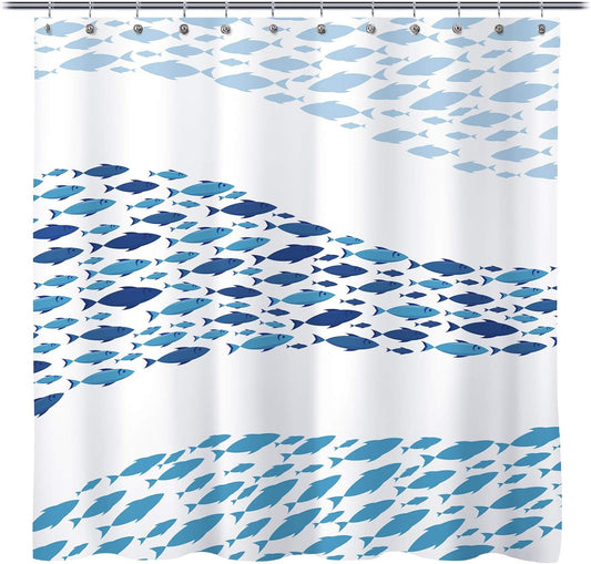 Sunlit Design Blue Fish School Fabric Shower Curtain, Cartoon Fishes Bathroom Decor Curtain, Blue