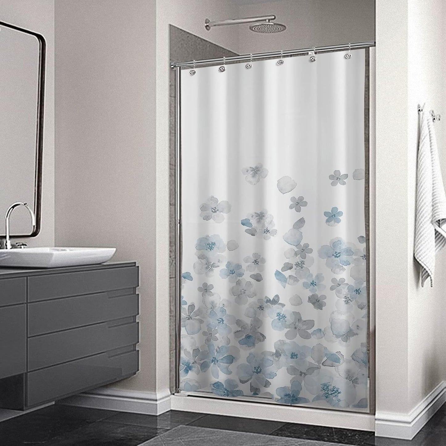 Sunlit Design Simple Style Blue and Gray Flower Blossoms Fabric Shower Curtains for Bathroom Decor with White Background, Machine Washable