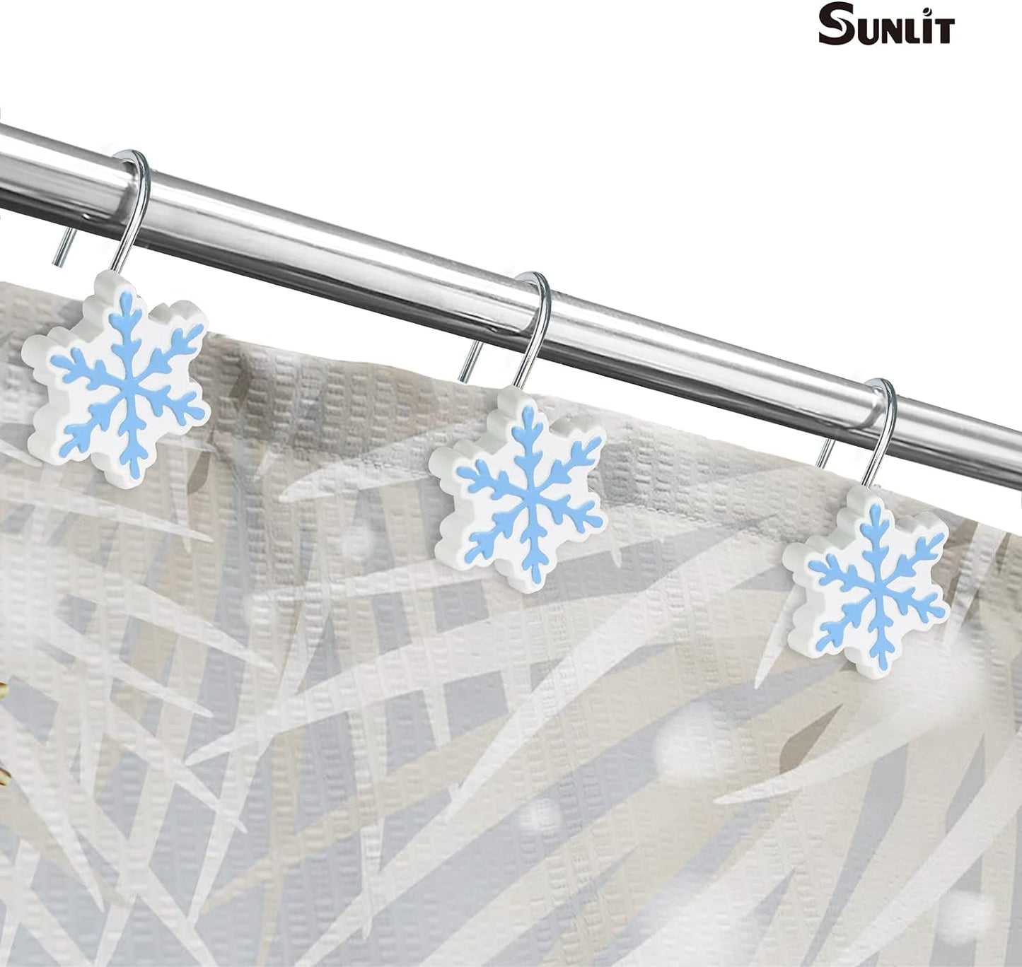 Sunlit Christmas Shower Curtain Hooks Silver Snowflakes Shower Curtain Rings, Resin, White Christmas Decor, Winter Bathroom Decoration - 12 Pack