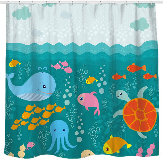 Sunlit Lovely Cartoon Sea Creatures Fabric Shower Curtain for Kids, Whale Turtle and Fish Bathroom Decor Curtain for Girls and Boys