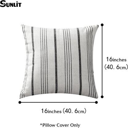 Sunlit Decorative Farmhouse Throw Pillow Case, Cover Only, Set of 2 Cream/Off-White with Charcoal Stripes Square Pillow Cover, 18" x 18", Textured Linen Throw Cushion Covers