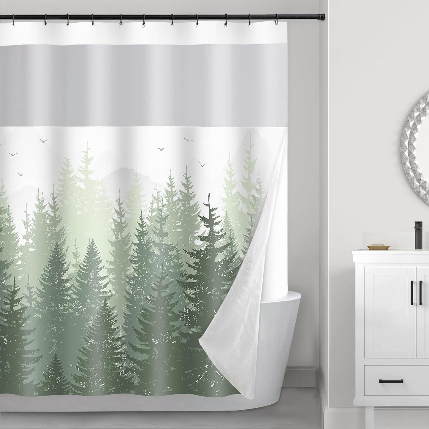 Forest Shower Curtain with snap-in Fabric Liner, Gray Mountain Nature Tree Shower Curtains with Mesh Top Window for Bathroom Decor, Contemporary Bathroom Curtains, See Through Sheer Window, 71x71