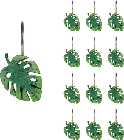 Tropical Leaf Decorative Shower Curtain Hooks Green Botanical Shower Curtain Rings, Resin, Monstera Deliciosa Strelitzia Reginae Leaves Shower Curtain Hangers for Bathroom, Set of 12