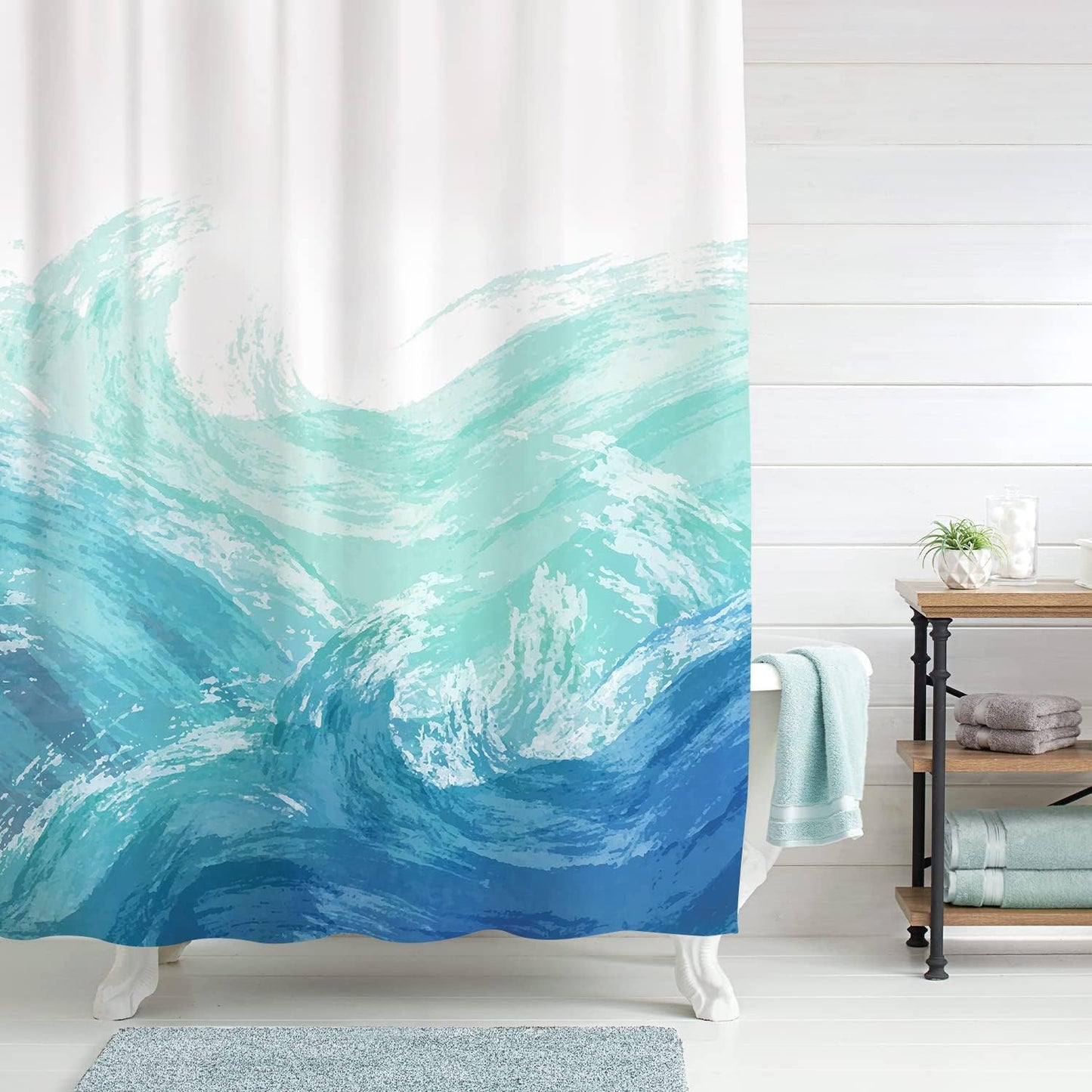 Wave Shower Curtain, Ombre Blue and Green Ocean Theme Shower Curtain for Bathroom Modern Decor Waterproof Tapestry, 71x71 Inch