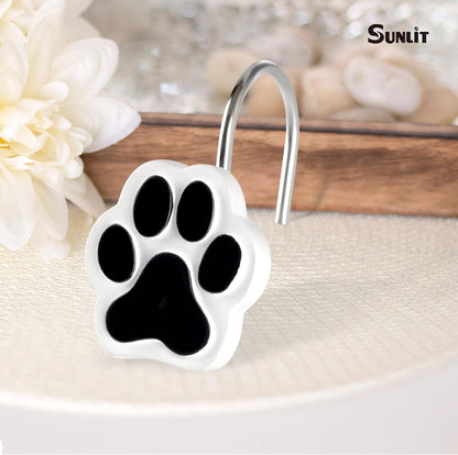 Sunlit Cute Paw Print Decorative Shower Curtain Hooks for Dog Cat Bear, Resin, Lovely Shower Curtain Rings for Kids, Bathroom Decoration Curtain, 12 Pack, White