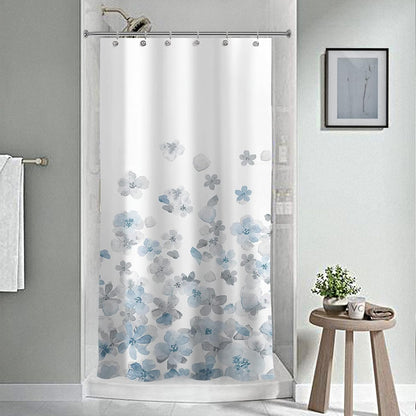 Sunlit Design Simple Style Blue and Gray Flower Blossoms Fabric Shower Curtains for Bathroom Decor with White Background, Machine Washable