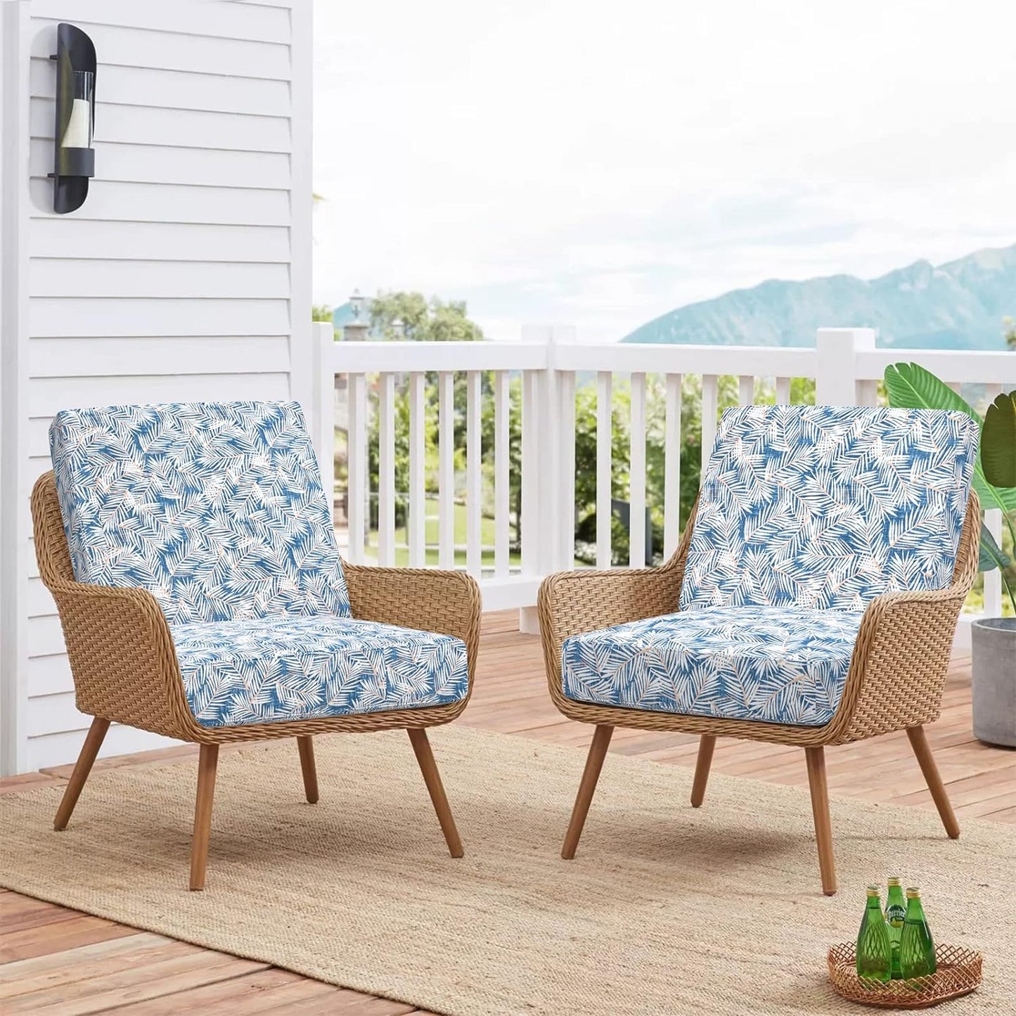 Sunlit Outdoor Cushion Covers 24" x 24" x 4", Replacement Cover Only, 4 Pack Water-Repellent Patio Chair Seat Slipcovers with Zipper and Tie, Tropical Leaf, Blue Green