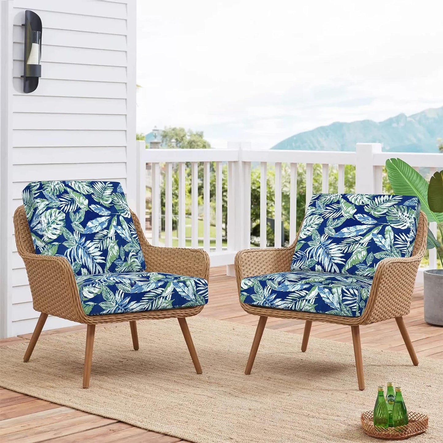 Sunlit Outdoor Cushion Covers 24" x 24" x 4", Replacement Cover Only, 4 Pack Water-Repellent Patio Chair Seat Slipcovers with Zipper and Tie, Tropical Leaf, Blue Green