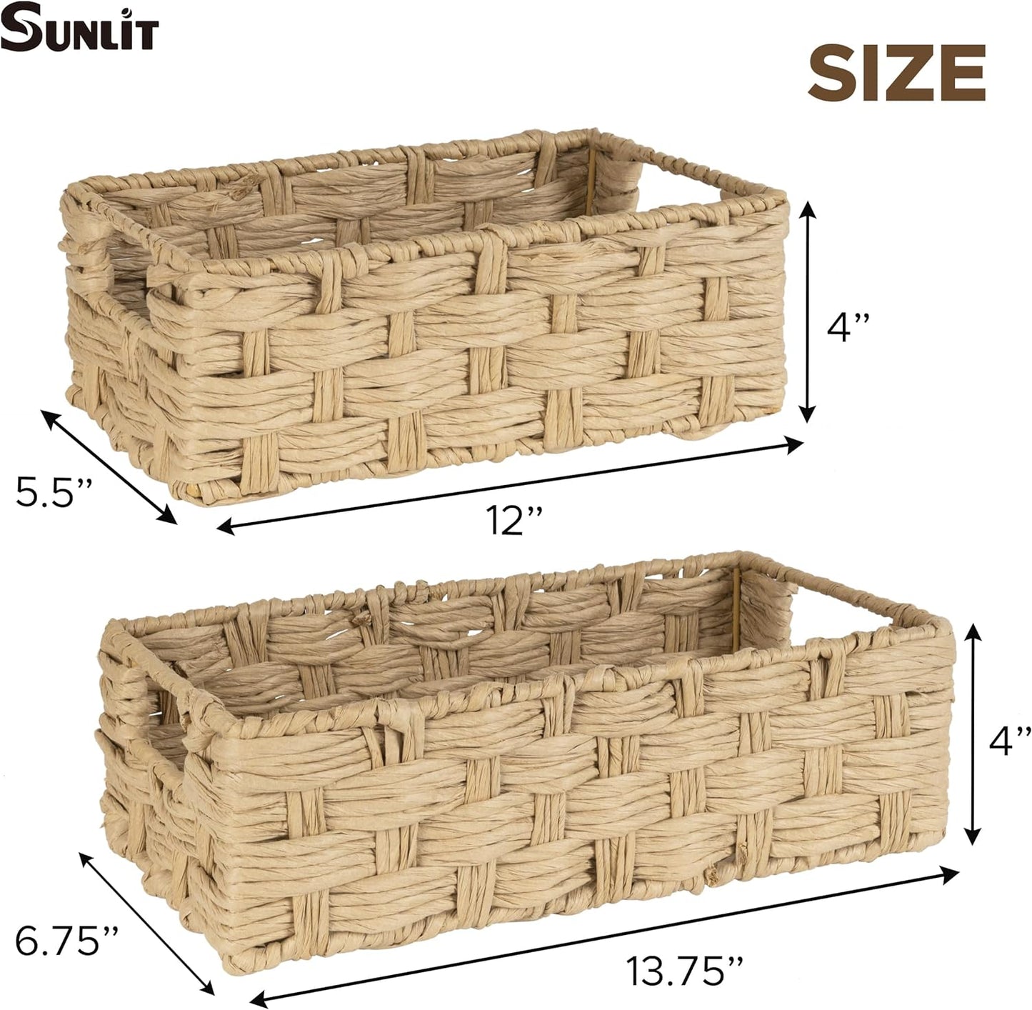 Sunlit Natural Fiber Farmhouse Storage Baskets, Hand Woven Bathroom Storage Boxes, Boho Toilet Paper Tank Basket, Decorative Storage Bins for Countertop, Bathroom Organizer Set of 2, Wavy, Beige