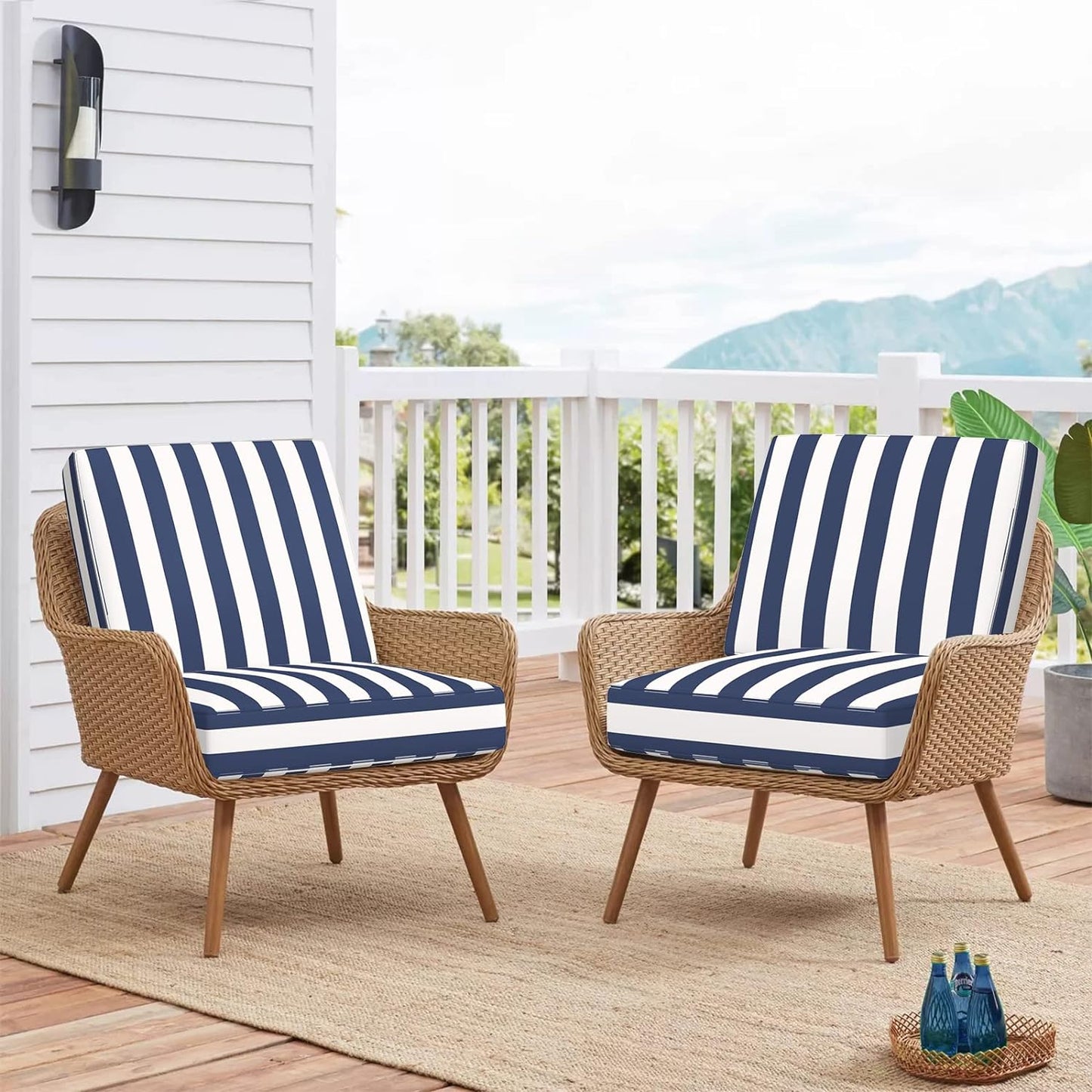 Sunlit Outdoor Cushion Covers, Replacement Cover Only, 4 Pack Water-Repellent Patio Chair Seat Slipcovers with Zipper and Tie, 22" x 20" x 4", Stripe, Navy Blue White