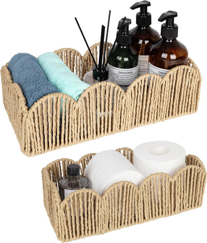 Sunlit Natural Fiber Farmhouse Storage Baskets, Hand Woven Bathroom Storage Boxes, Boho Toilet Paper Tank Basket, Decorative Storage Bins for Countertop, Bathroom Organizer Set of 2, Wavy, Beige