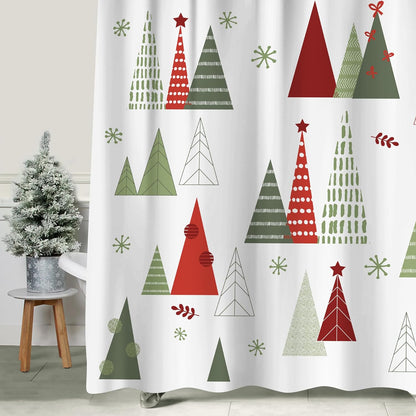 Geometric Modern Design Christmas Shower Curtain Christmas Tree Bathroom Home Office Holiday Wall Decoration as Tapestry and Photo Booth Backdrop Red Green White Printed