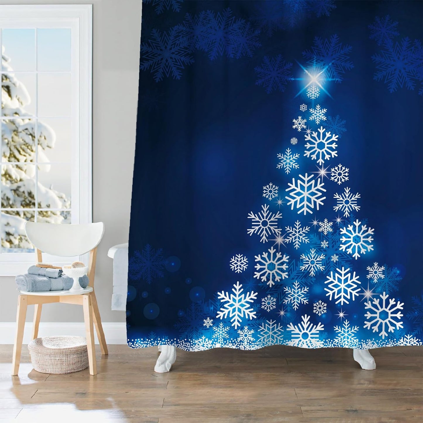 Blue Fluorescent Christmas Snowflake Tree with Dark Blue Background Fabric Shower Curtain, Bathroom Home Office Holiday Wall Decoration as Tapestry and Photo Booth Backdrop