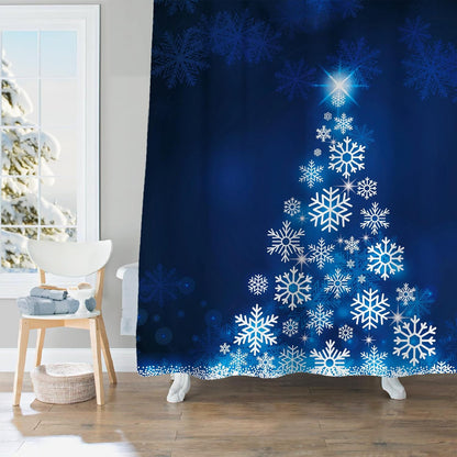 Blue Fluorescent Christmas Snowflake Tree with Dark Blue Background Fabric Shower Curtain, Bathroom Home Office Holiday Wall Decoration as Tapestry and Photo Booth Backdrop