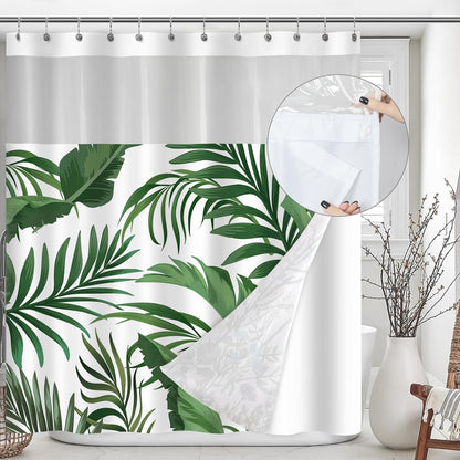 Palm Leaf Shower Curtain with Snap-in Fabric Liner, Green Tropical Shower Curtains with Mesh Top Window for Bathroom Decor, Botanical Plant Bathroom Curtains, See Through Sheer Window, 71x71